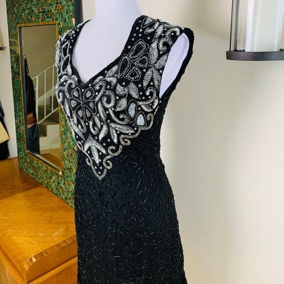 Vtg Laurence Kazar XL Dress 100% Silk Heavily Sequined Beaded Cut Out Back Black - Picture 2 of 14